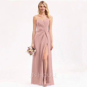JJ’s House Dusty Rose A-Line Chiffon Ruffle Split Front Floor Length Gown